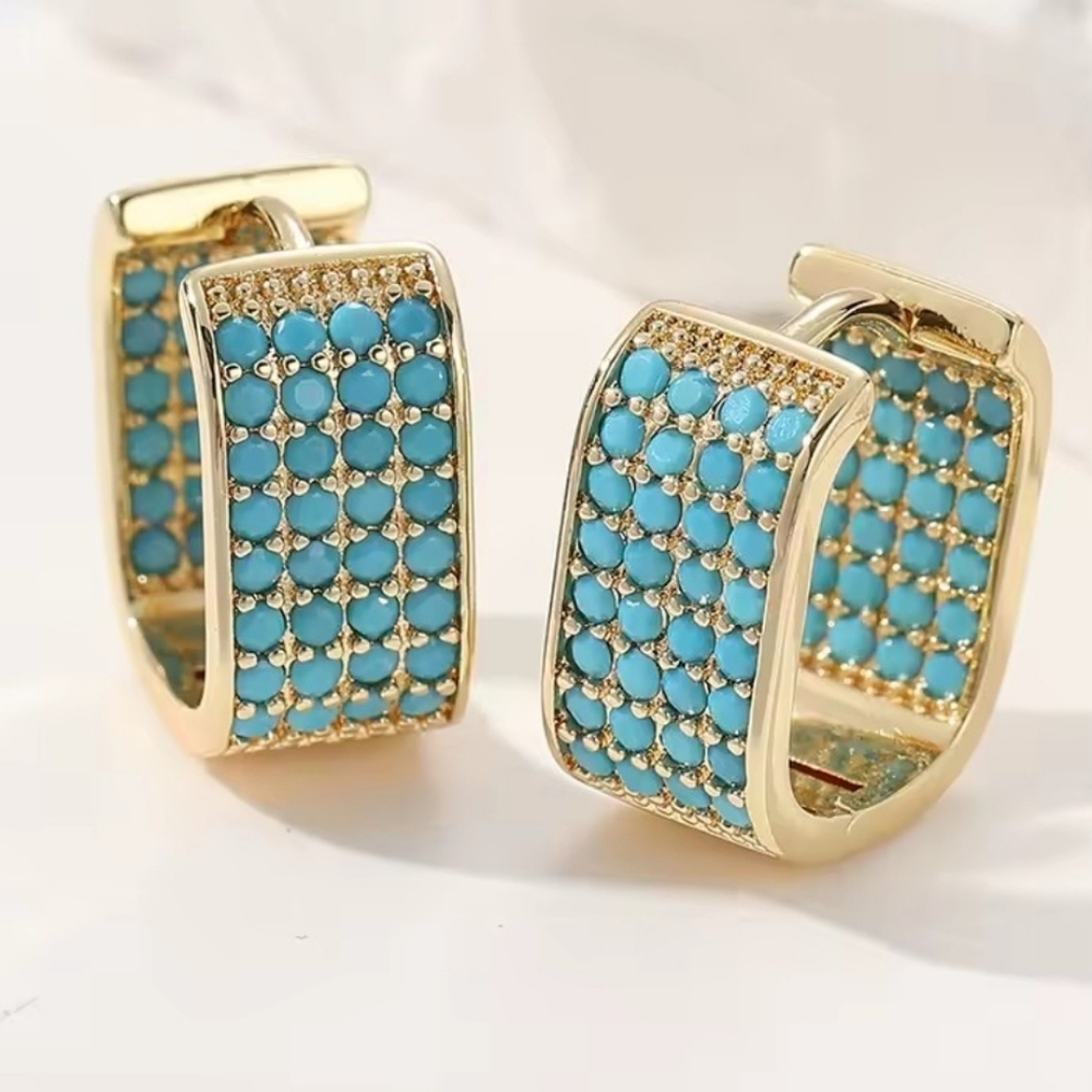 Classic Full Inlaid Synthetic  Turquoise Golden Plated Hoops Earrings